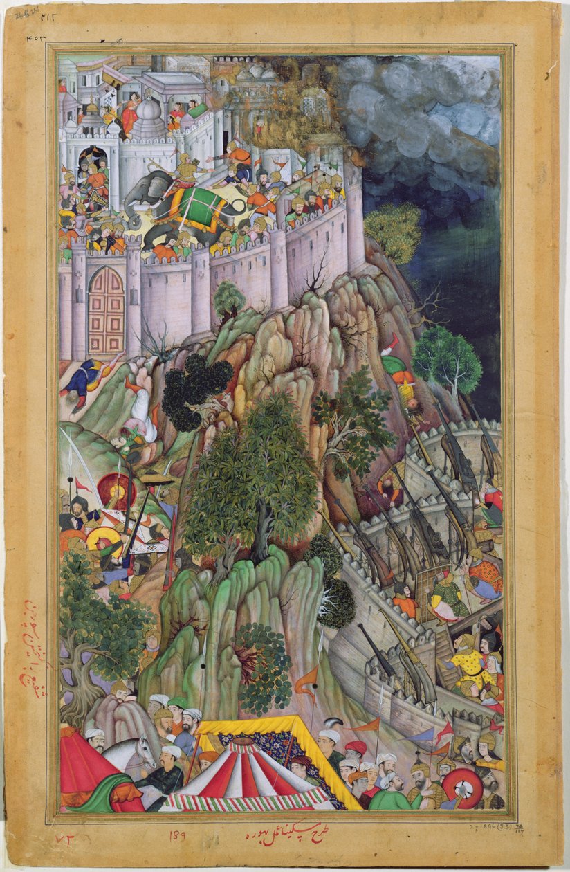 Le forze di Akbar che assediano il forte di Rai Surjan Hada a Ranthambhor nel Rajasthan, nel 1569, dall