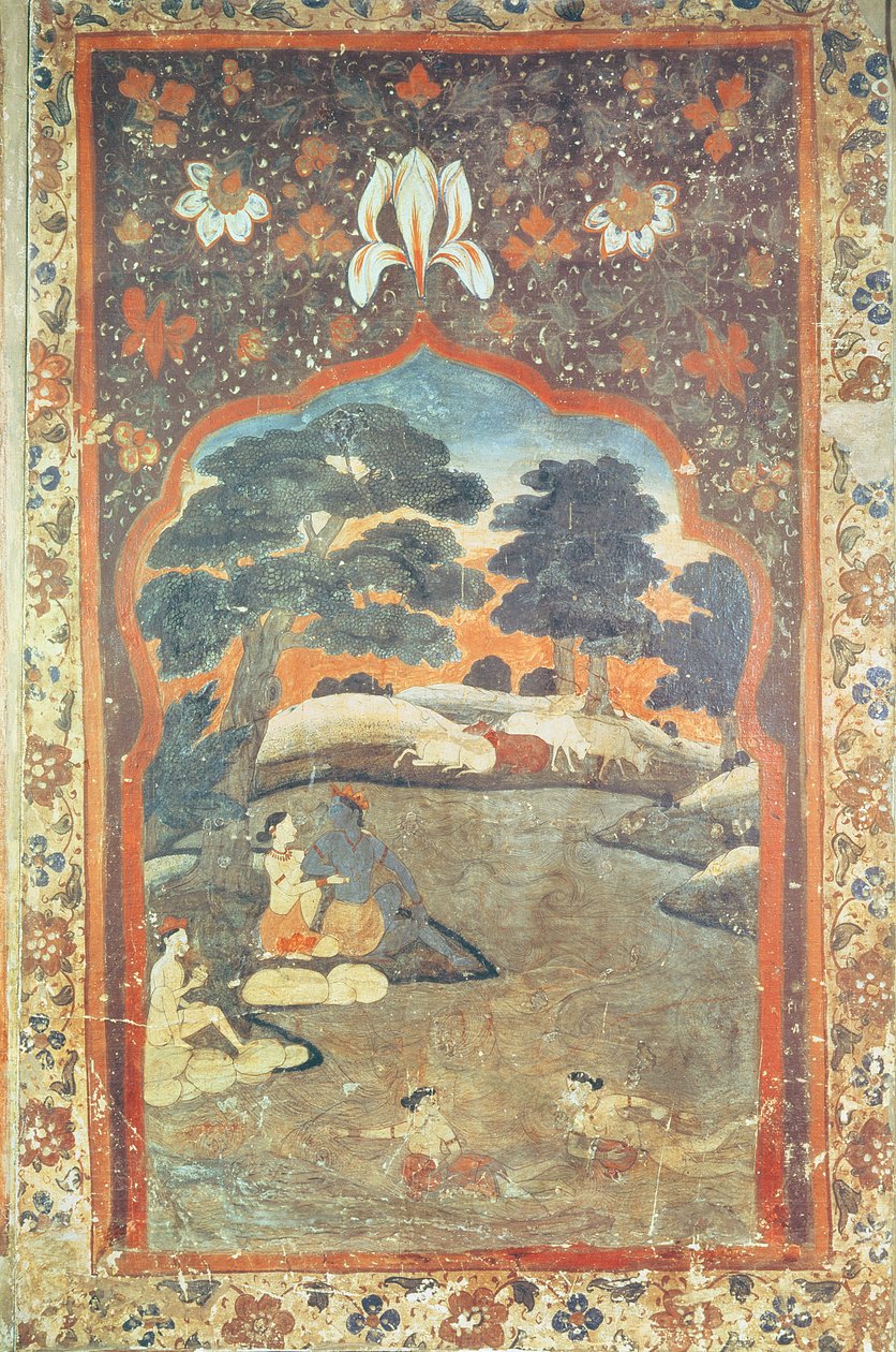Krishna e Radha accanto a un fiume, Scuola Pahari da Indian School
