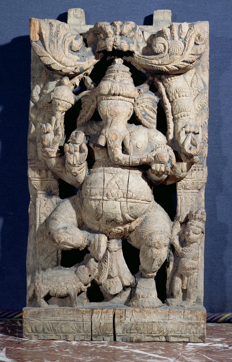 Statua di Ganesh in trono (legno) da Indian School