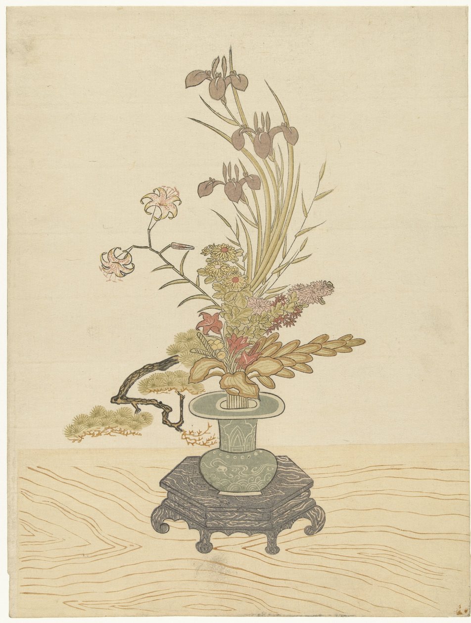 Composizione floreale Ikebana in vaso verde da Ippitsusai Bunchô (manner of)