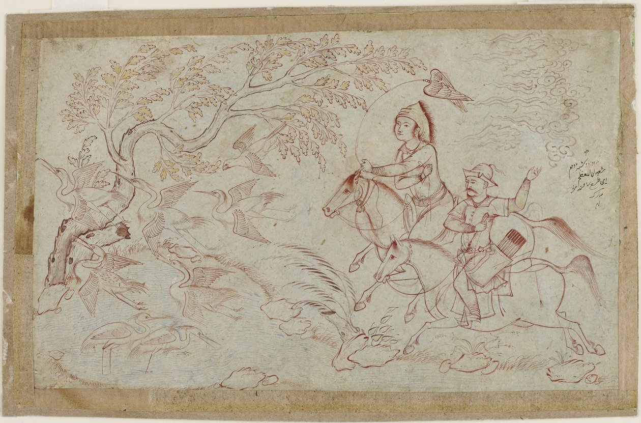 Due cavalieri che cacciano con il falcone, 1640s da Iranian School