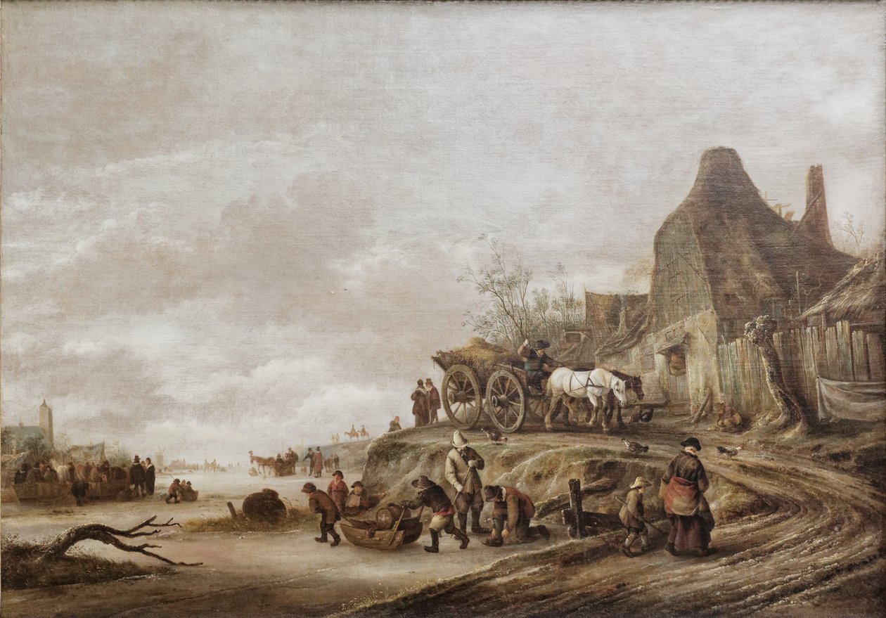 Canale ghiacciato con carrozza che scende un sentiero da Isaac van Ostade