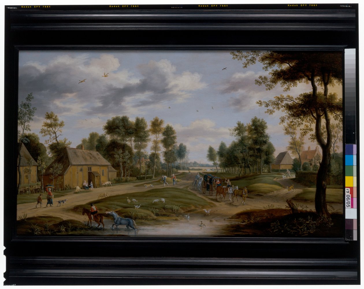 Paesaggio di villaggio con una carrozza da Isaak van Oosten