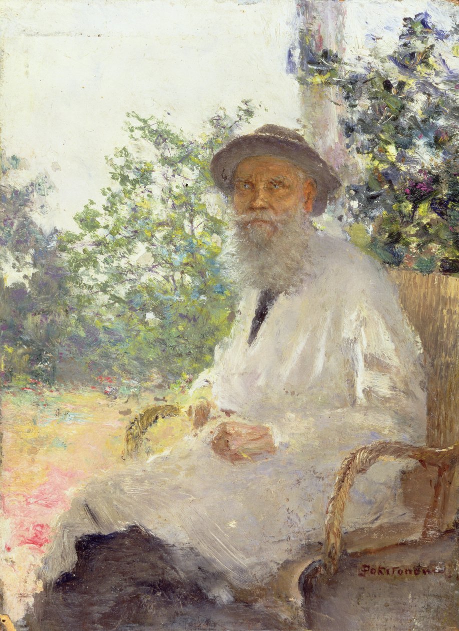 Ritratto di Lev Nikolaevich Tolstoy (1828-1910) sulla terrazza, 1905 da Ivan Pokitonov