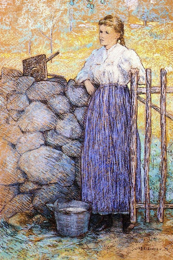 Ragazza in piedi vicino a un cancello da J. Alden Weir
