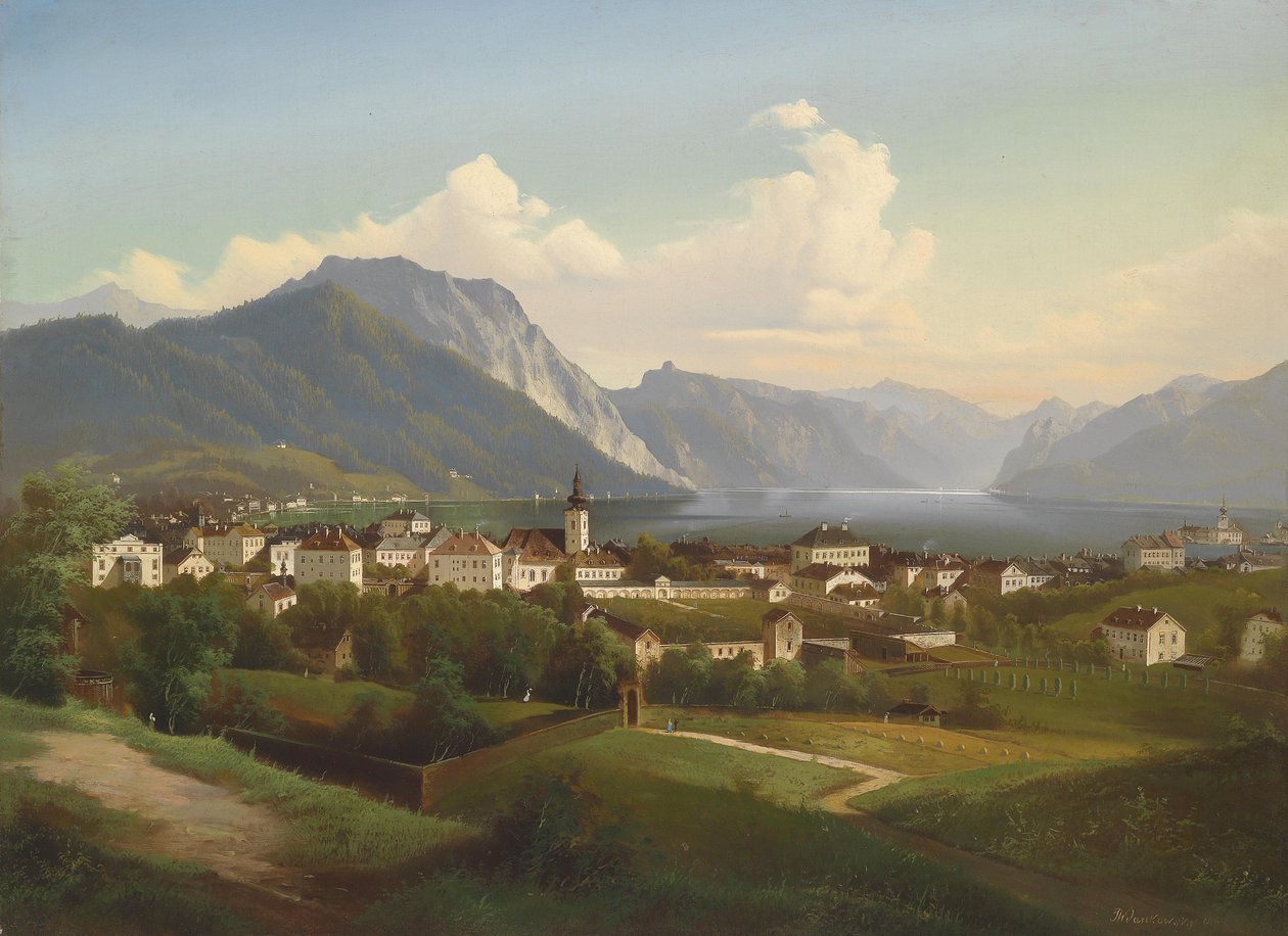 Veduta di Gmunden e del Castello di Orth sul Traunsee da J. Wilhelm Jankowsky