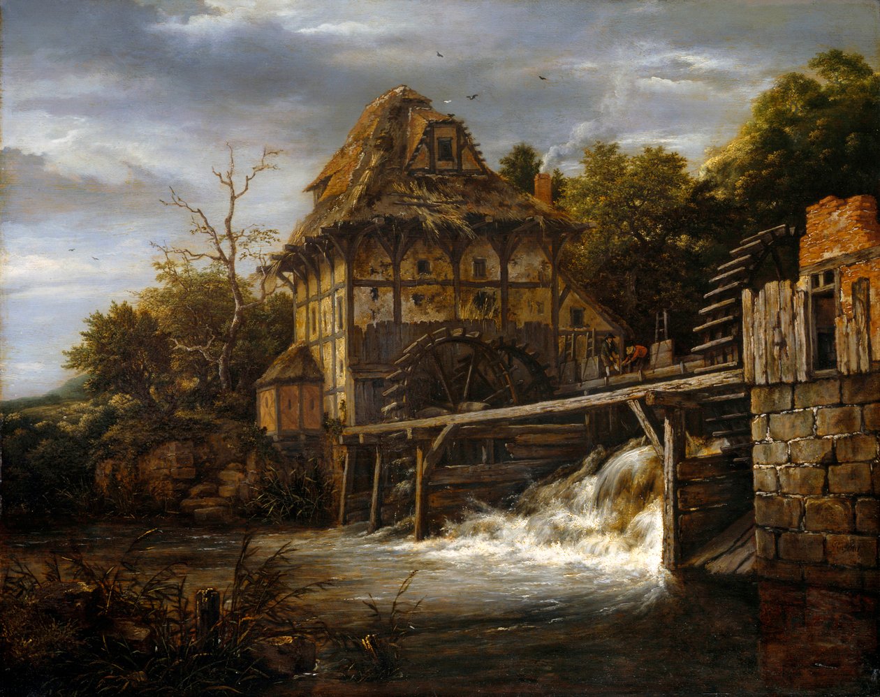 Due mulini ad acqua con uomini che aprono una chiusa da Jacob van Ruisdael
