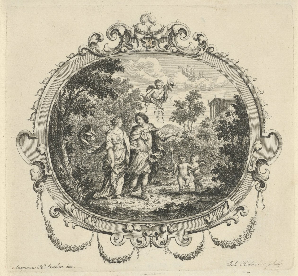 Coppia che cammina accompagnata da putti da Jacob Houbraken