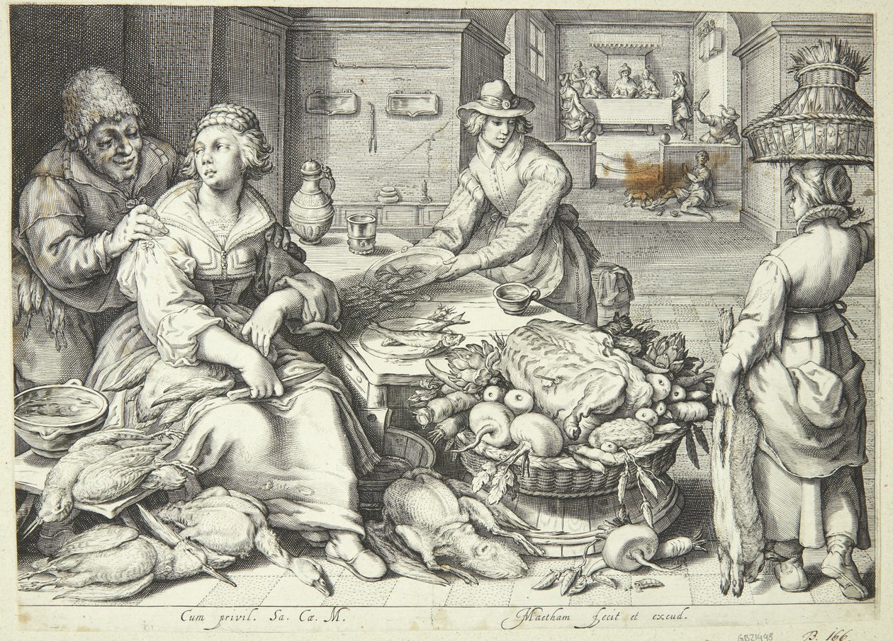 Scena di cucina con una cuoca che spenna il pollame da Jacob Matham