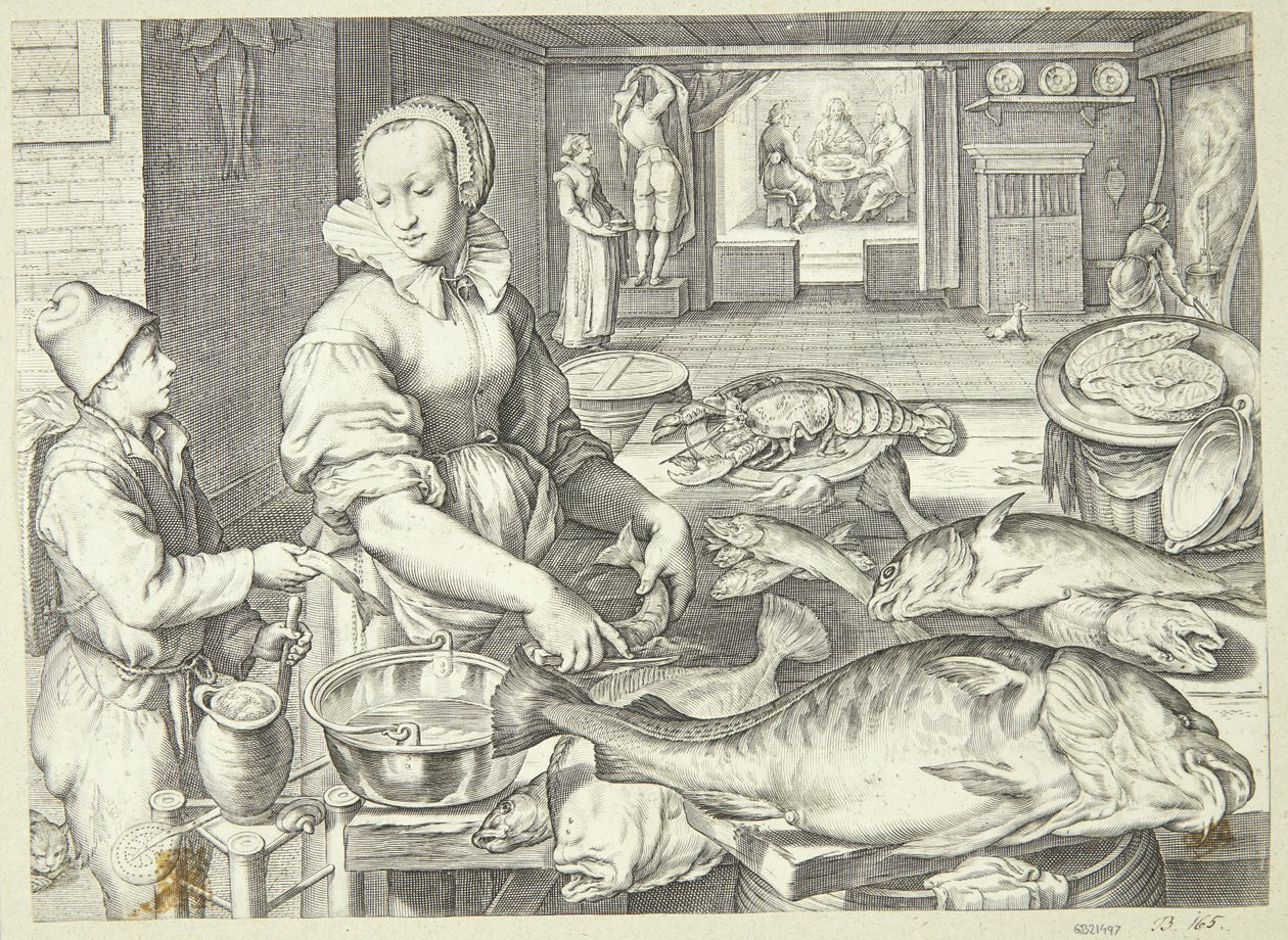 Scena di cucina con una cuoca che pulisce il pesce da Jacob Matham