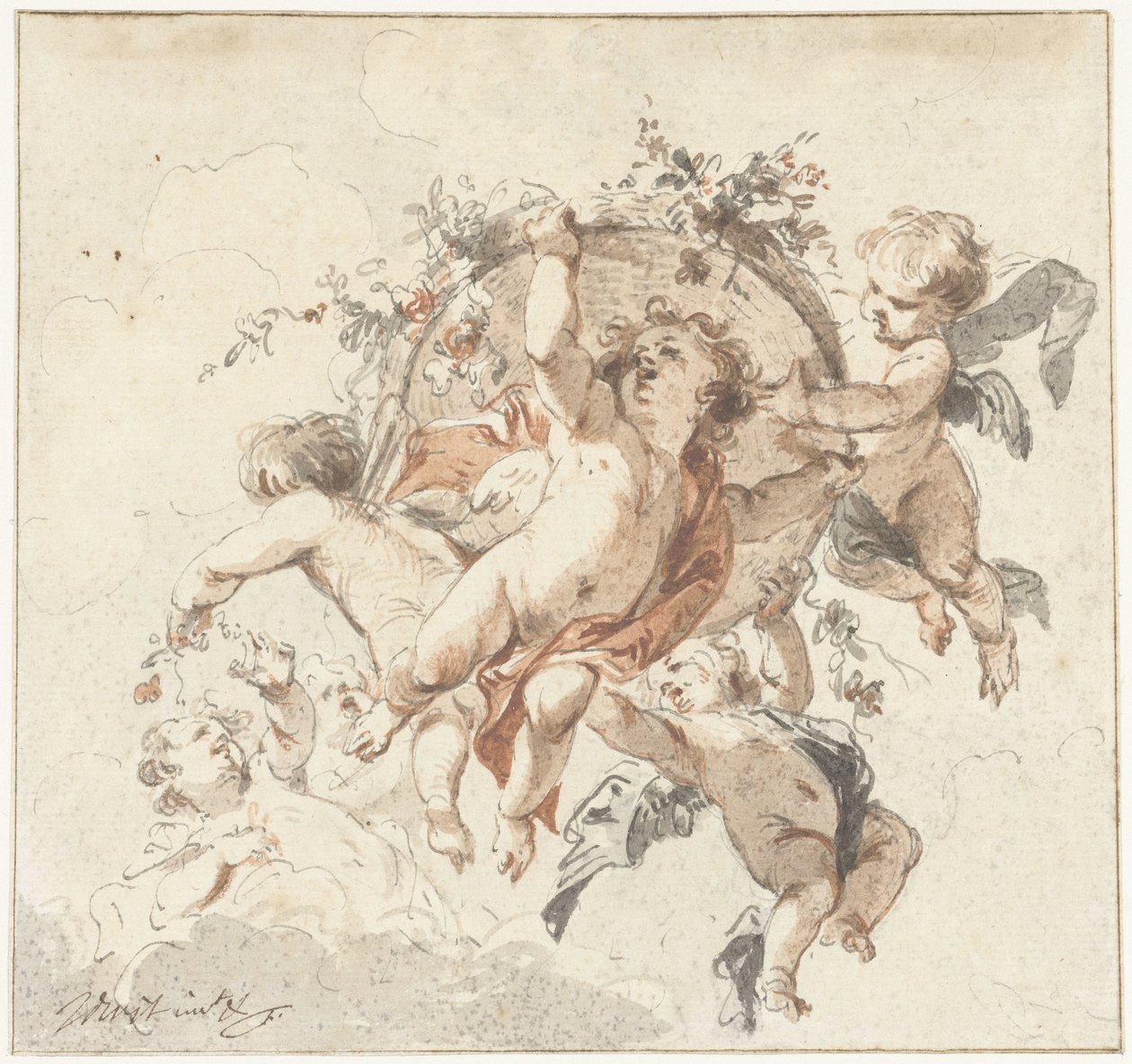 Cherubini fluttuanti con un cesto di fiori da Jacob de Wit