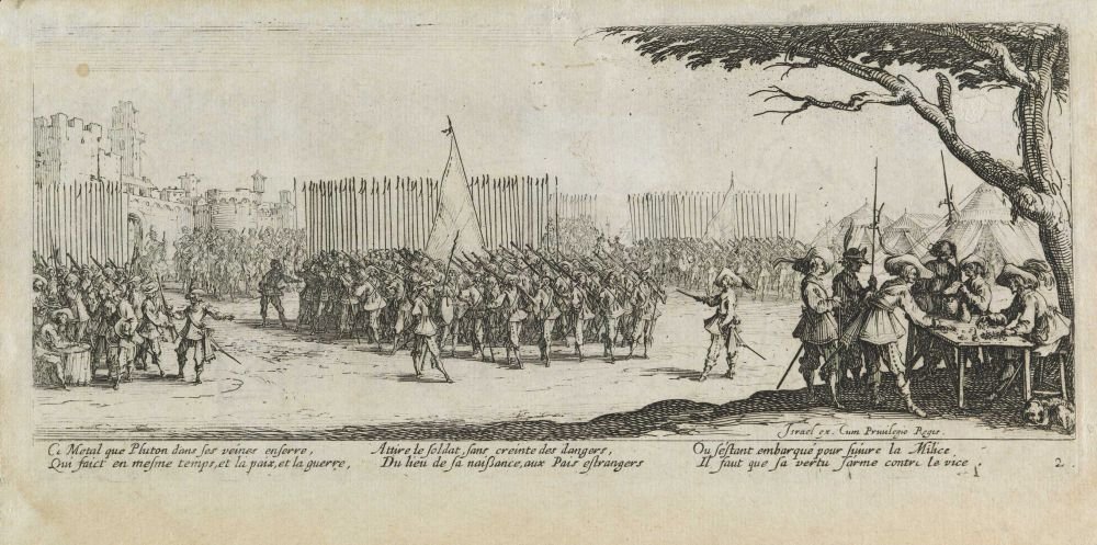 Reclutamento delle truppe Les miseres et les mal-heures de la guerre, pl. 2 da Jacques Callot