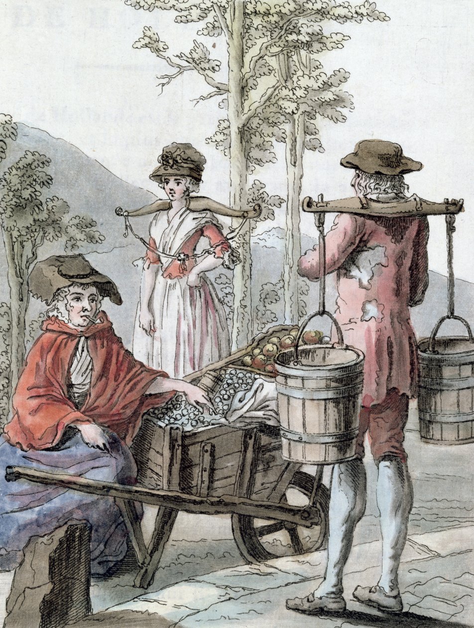 Contadini inglesi che vendono frutta e portano latte, illustrazione da 