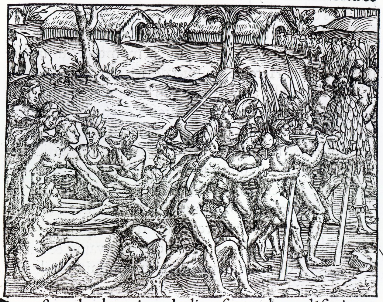 Processione di nativi che bevono e fumano, inciso da Theodor de Bry da Jacques Le Moyne