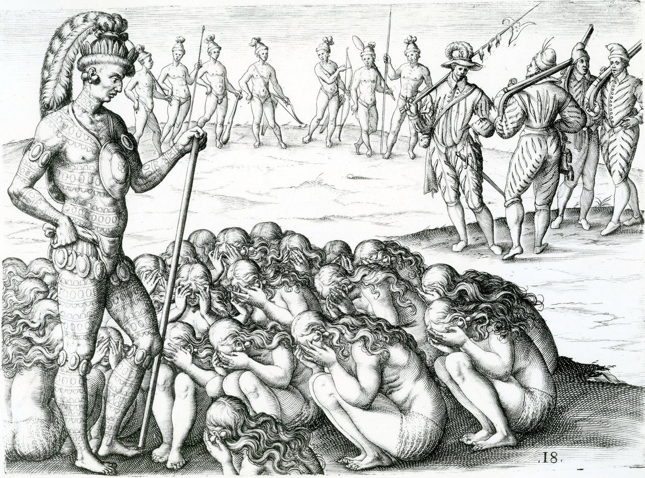 morbo sublati postulata a Rege, illustrazione tratta da Brevis narratio eorvm qvae in Florida Americae provicia Gallis acciderunt 1591 da Jacques Le Moyne