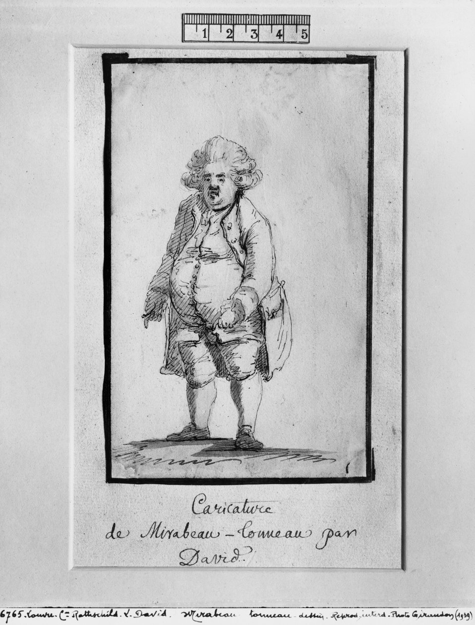 Caricatura di André Boniface Louis di Riqueti, visconte di Mirabeau, soprannominato Mirabeau-Tonneau (penna e inchiostro marrone e lavaggio grigio su carta) da Jacques Louis David