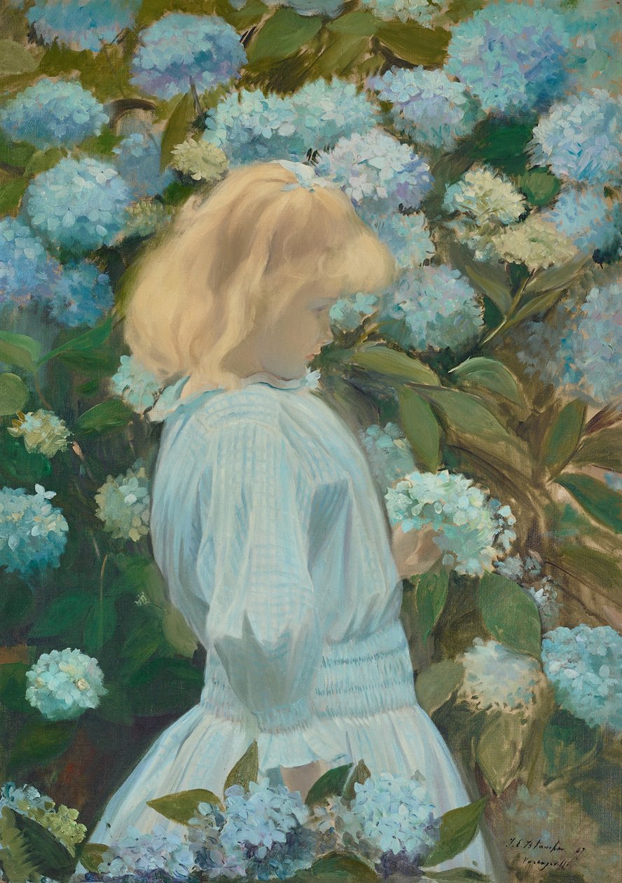 Giovane ragazza con ortensie da Jacques Emile Blanche