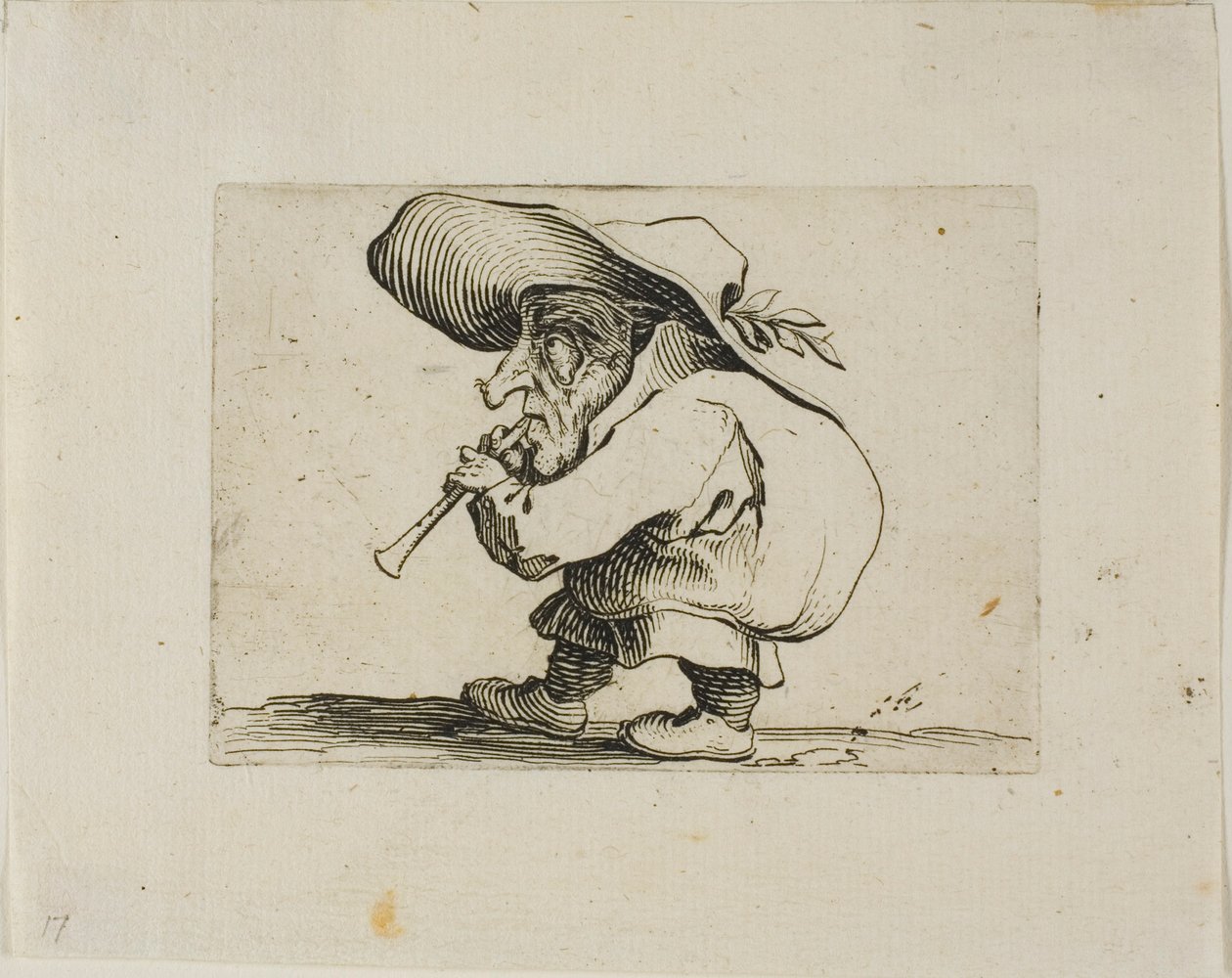 Suonatore di flageolet, da Varie Figure Gobbi da Jacques Callot