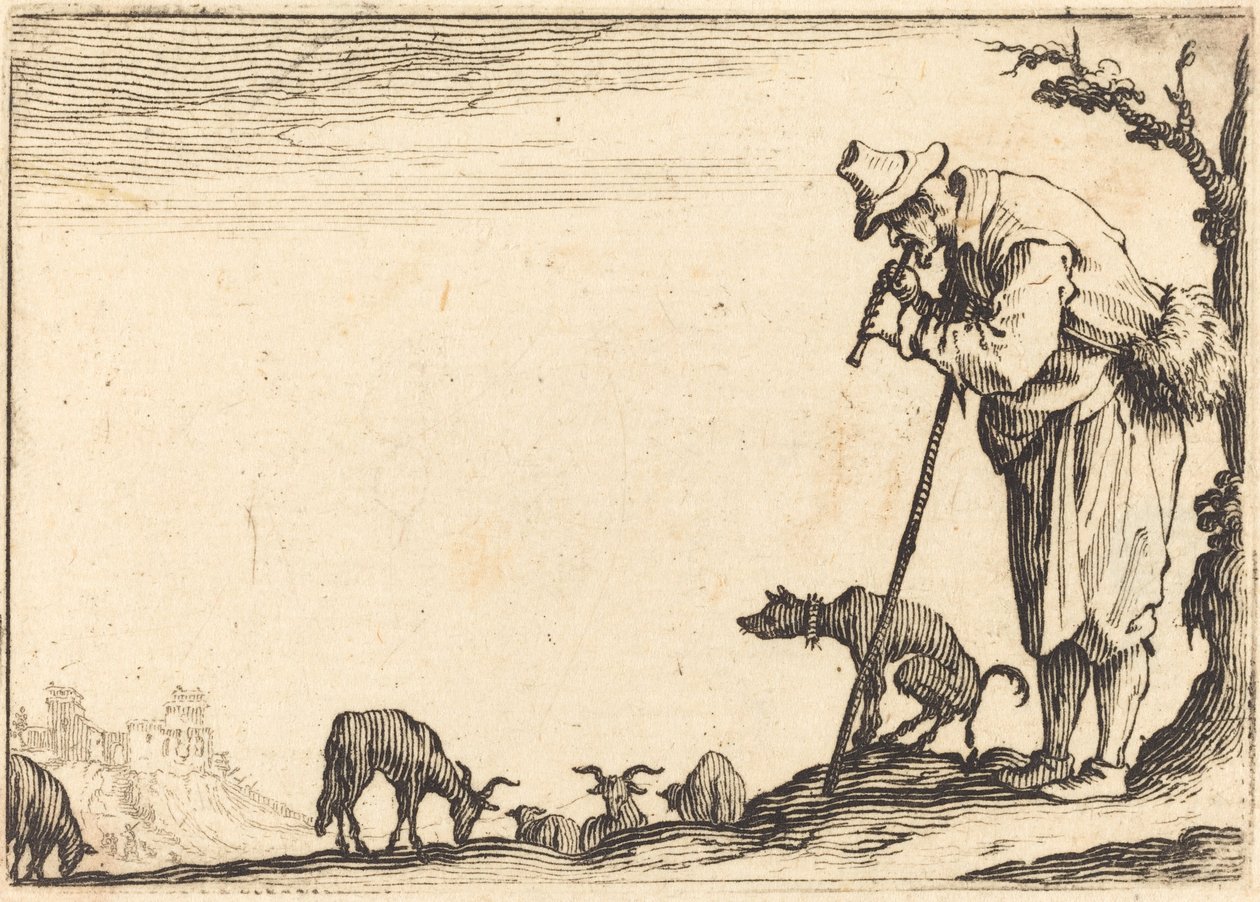 Pastore che suona il flauto, c. 1617 da Jacques Callot