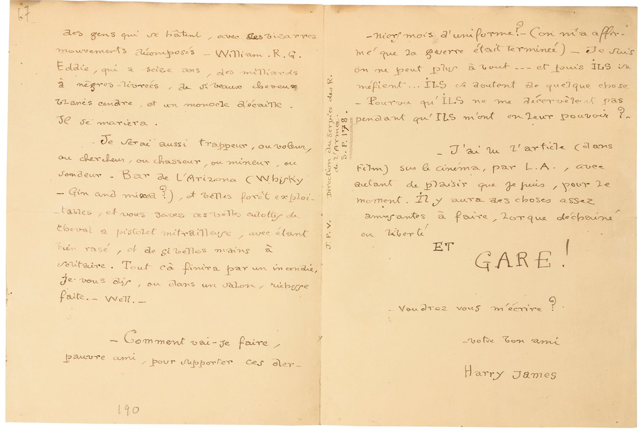 Lettera di guerra autografa da Jacques Vache