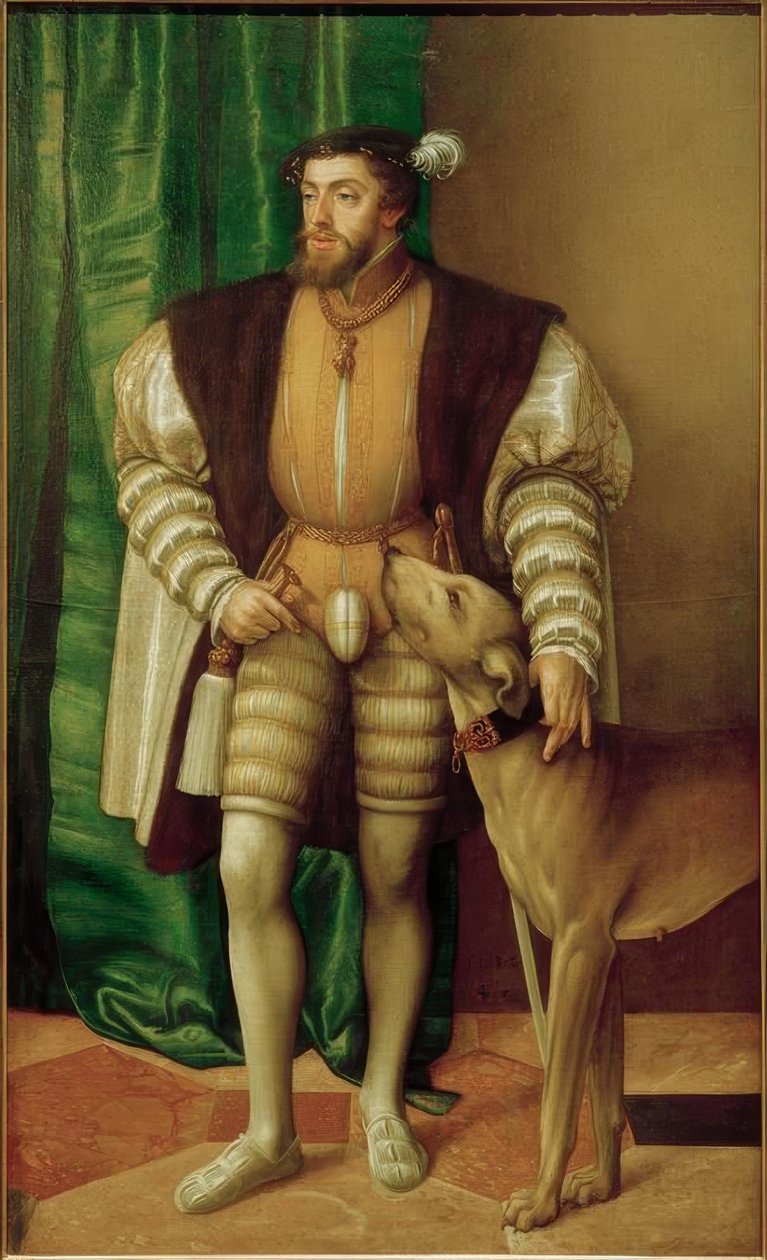 Imperatore Carlo V con il suo cane di Ulma da Jakob Seisenegger