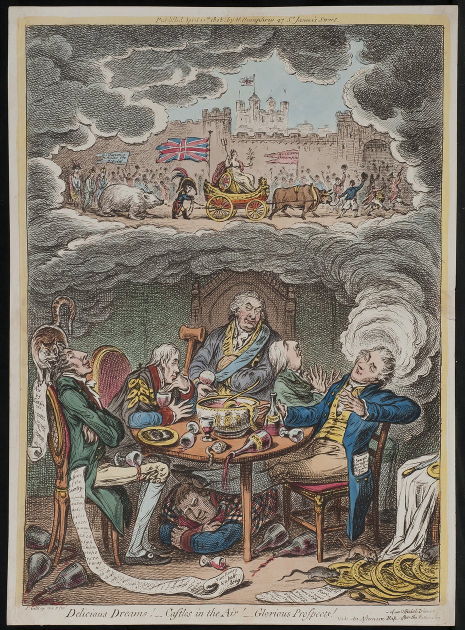 Sogni deliziosi! Castelli in aria! Prospettive gloriose! vide Un pisolino pomeridiano dopo la fatica di una cena ufficiale da James Gillray
