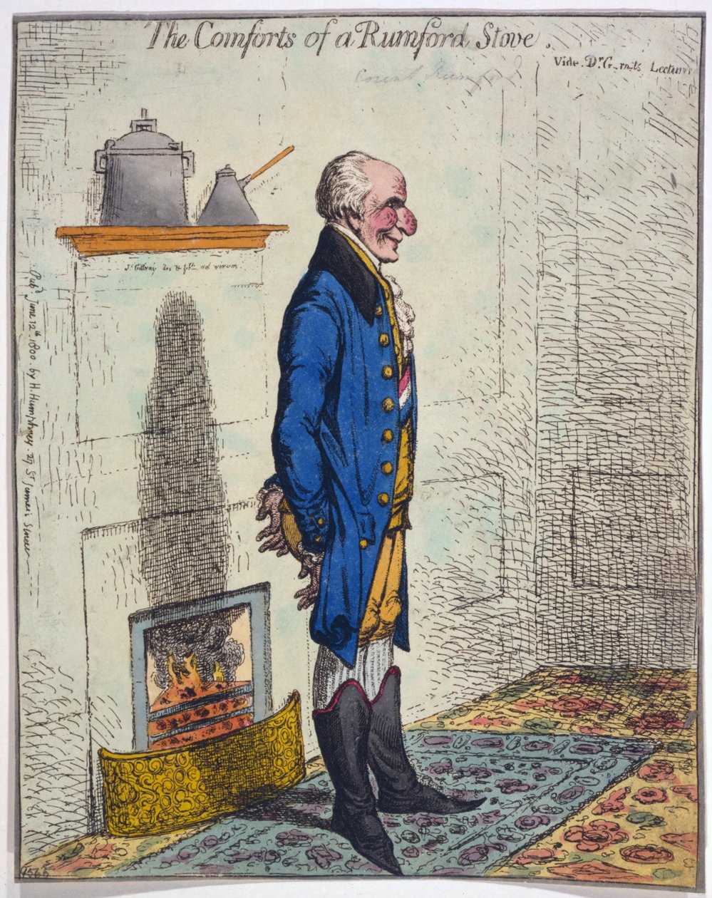 I comfort di una stufa Rumford, pub. 1800 (incisione colorata a mano) da James Gillray