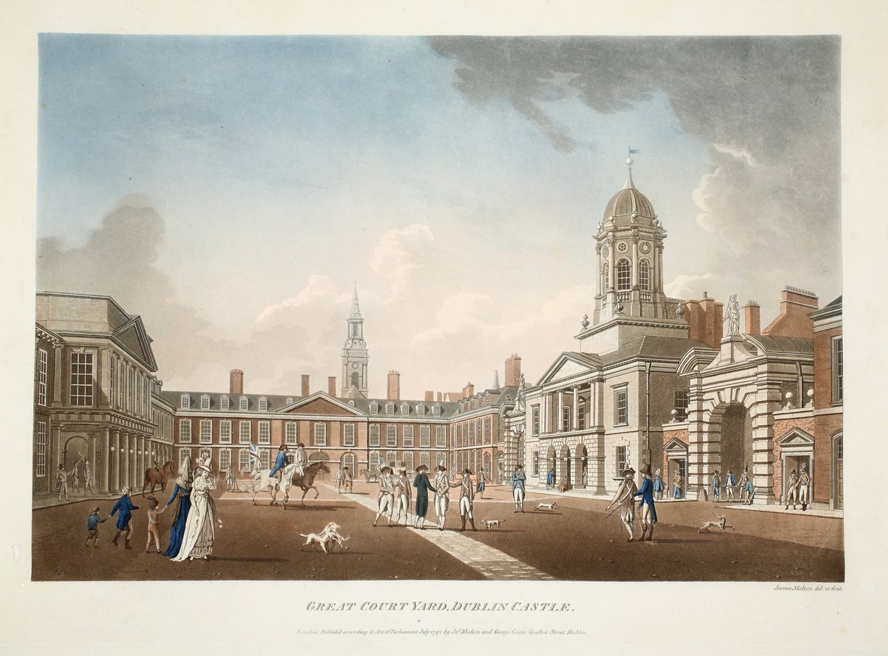 Il grande cortile, Castello di Dublino, 1792 (incisione colorata a mano) da James Malton