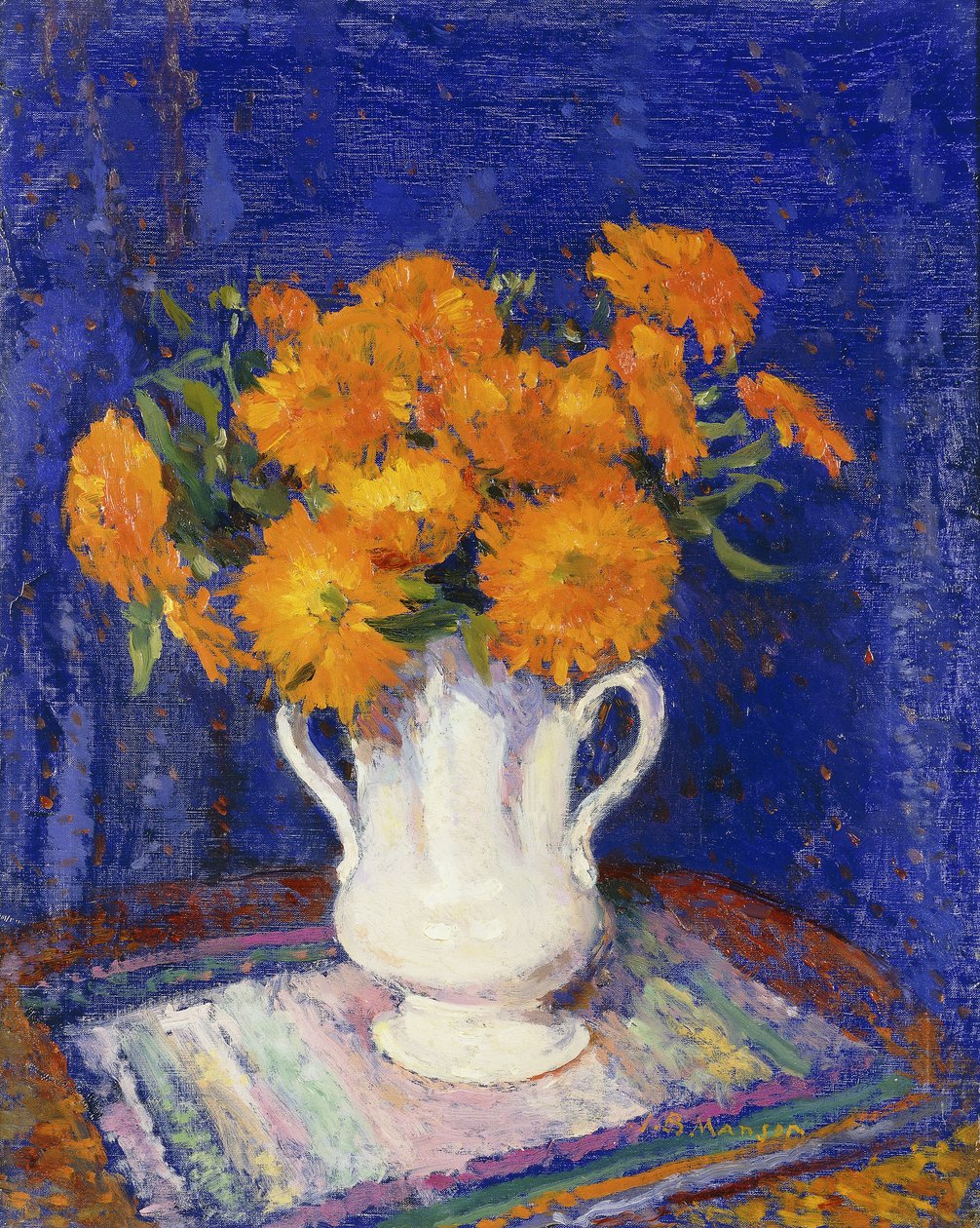 Calendule in un vaso bianco da James Bolivar Manson