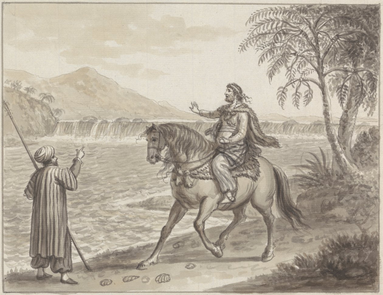 Cavaliere che si avvicina a un viaggiatore accanto al fiume da James Bruce