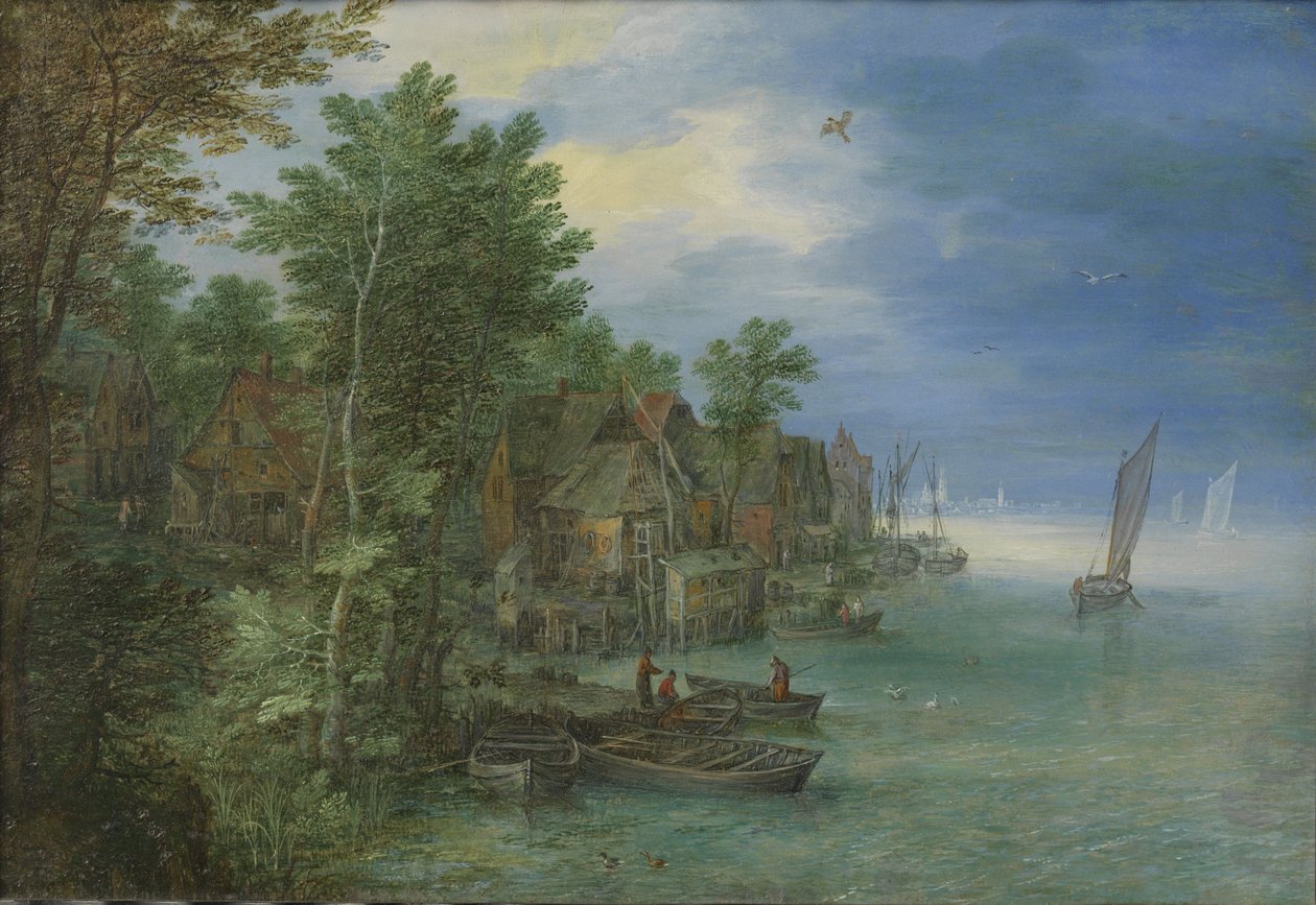 Veduta di un villaggio su un fiume da Jan the Elder Brueghel