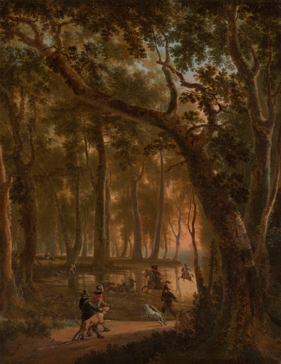 Caccia al cervo in un bosco da Jan Hackaert
