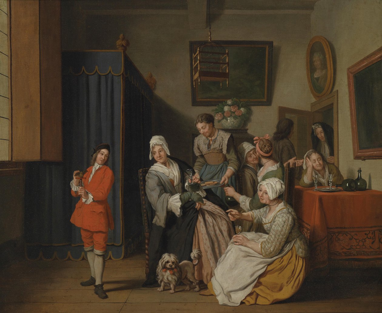 Interno borghese con numerose donne e un giovane con un uccello da Jan Josef Horemans II