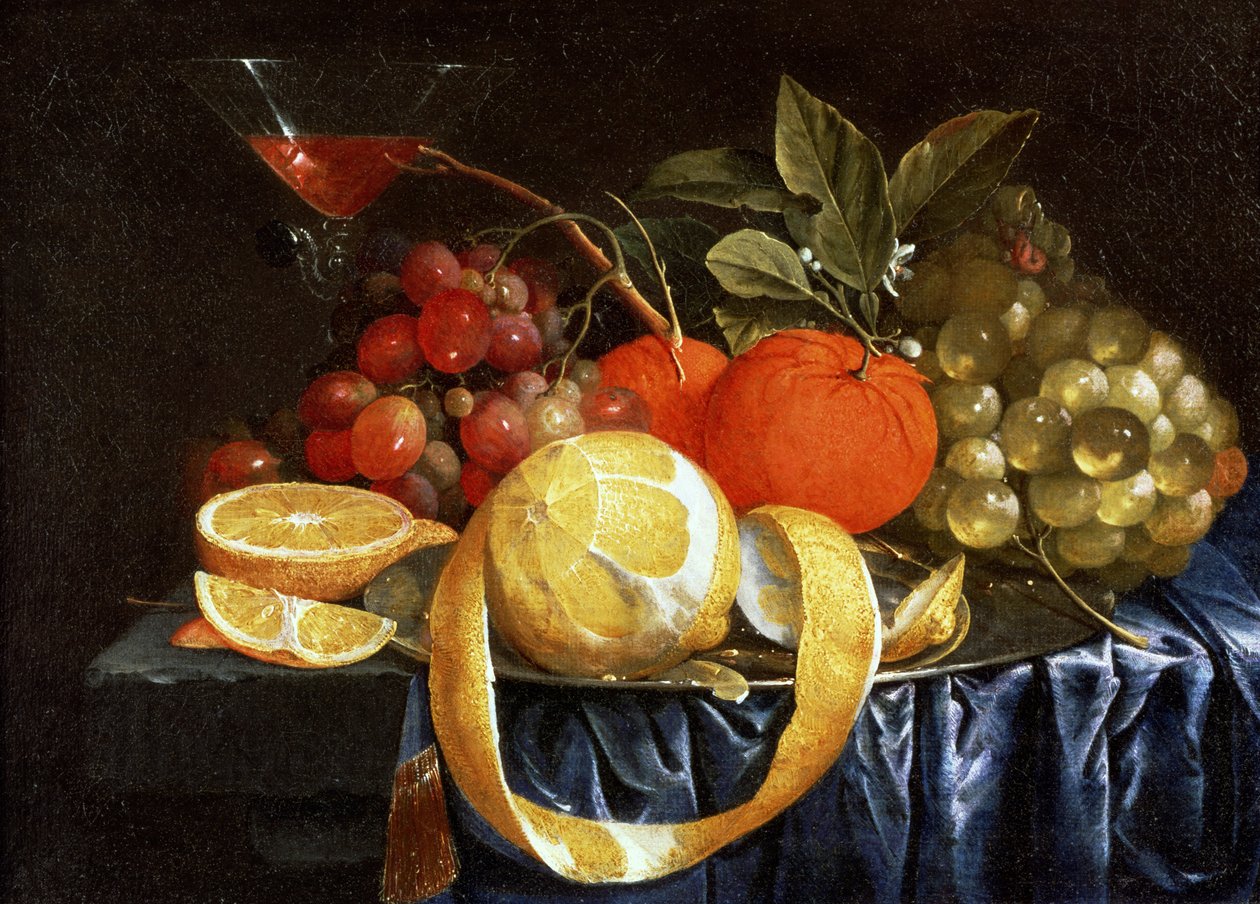 Natura morta di uva, arance e un limone sbucciato da Jan Pauwel the elder Gillemans