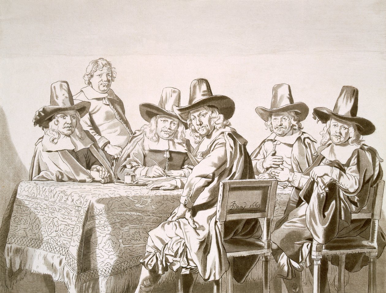 Incontro del XVII secolo di un comitato di notabili della città o simili, intorno a un tavolo, dal 1663 da Jan de Bray