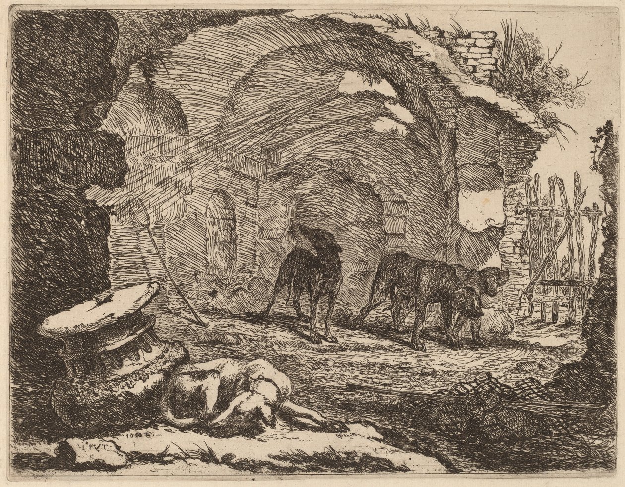Quattro cani, uno che dorme accanto a un capitello da Jan Fyt