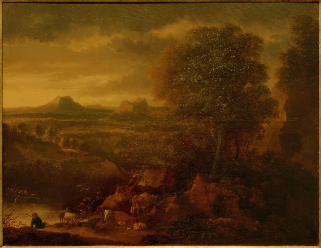 Paesaggio meridionale con pastori, gregge e scena di caccia da Jan Hackaert