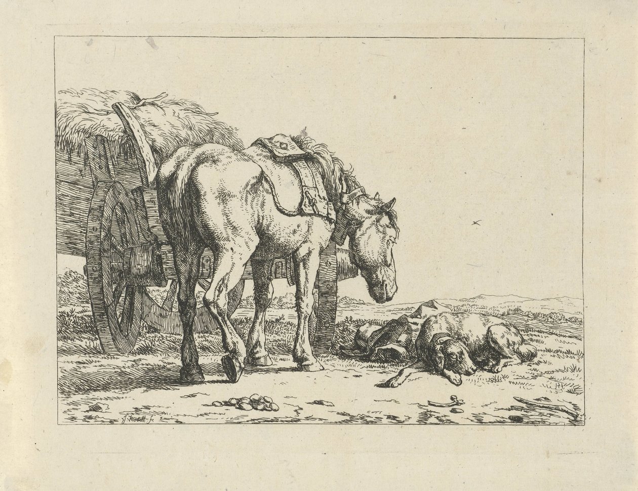Cavallo e cane vicino a un carro di fieno da Jan Kobell (II)
