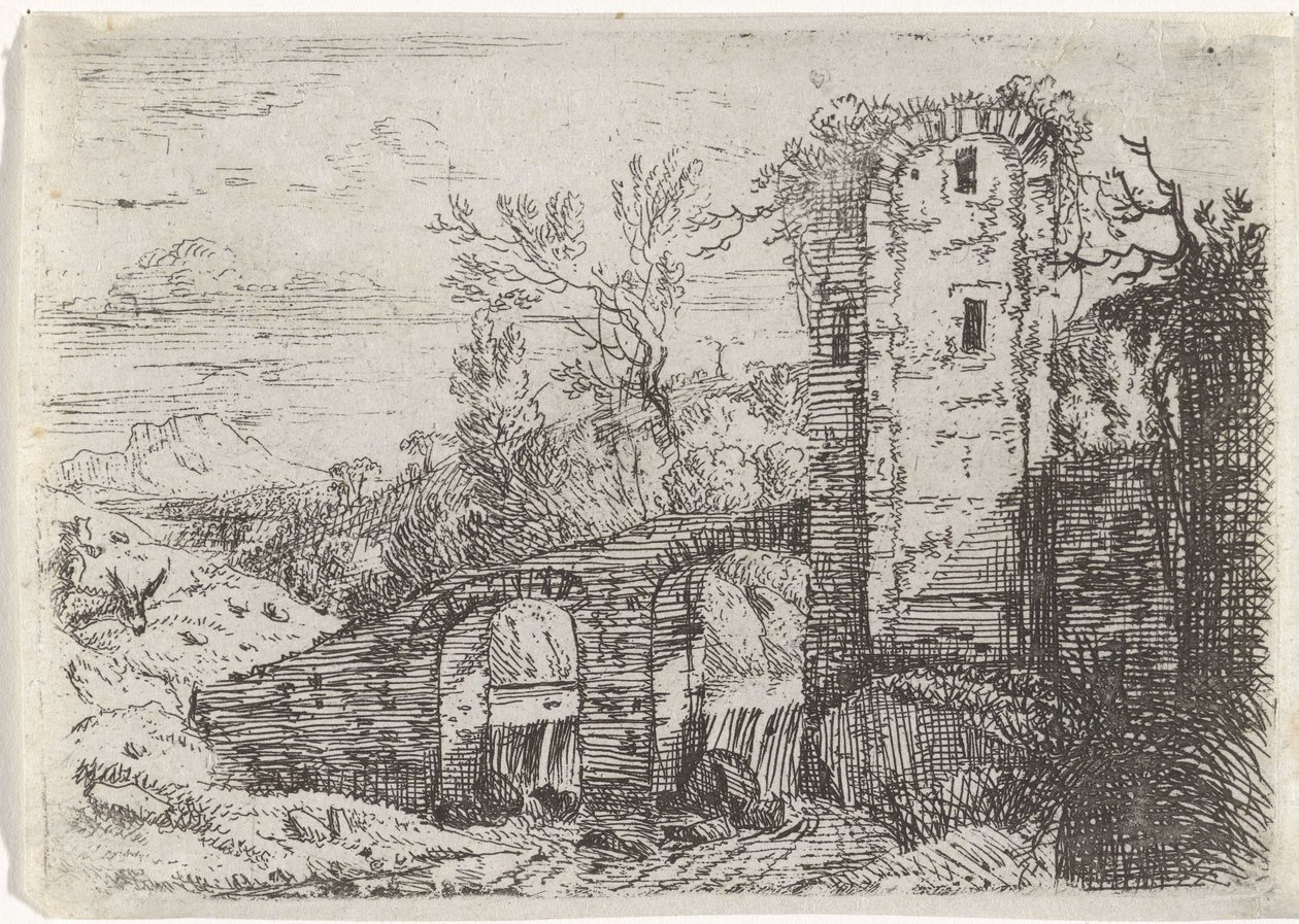 Ponte di pietra sopra una cascata da Jan van Nickelen