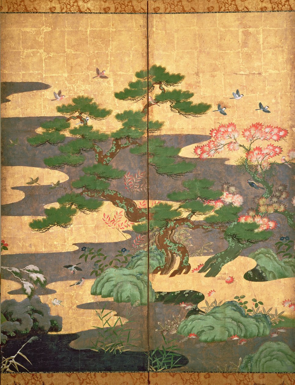 Uccelli con fiori autunnali e invernali da Japanese School