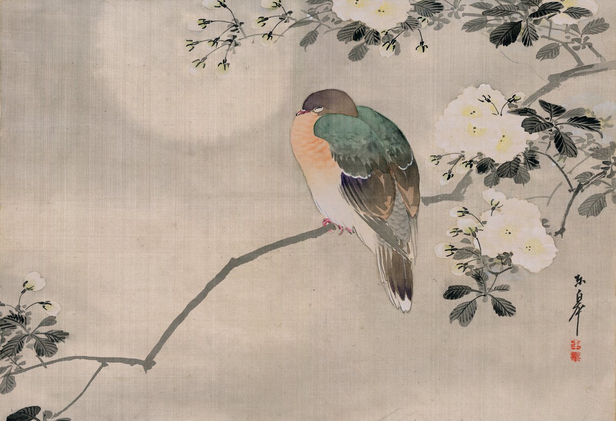 Dipinto di Seta Giapponese di un Piccione Selvatico da Japanese School