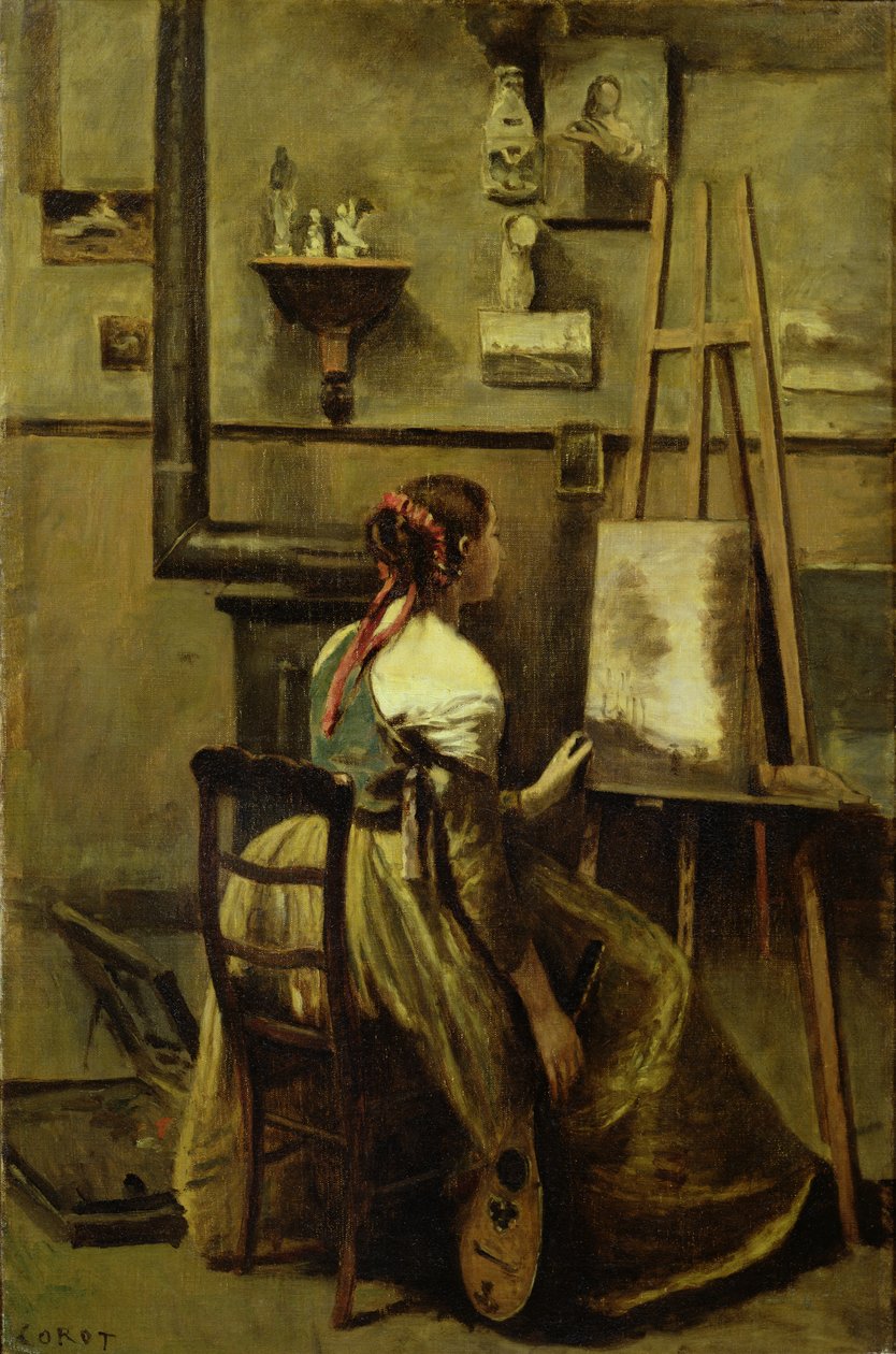 Lo studio di Corot, o Giovane donna seduta davanti a un cavalletto, 1868-70 da Jean Baptiste Camille Corot