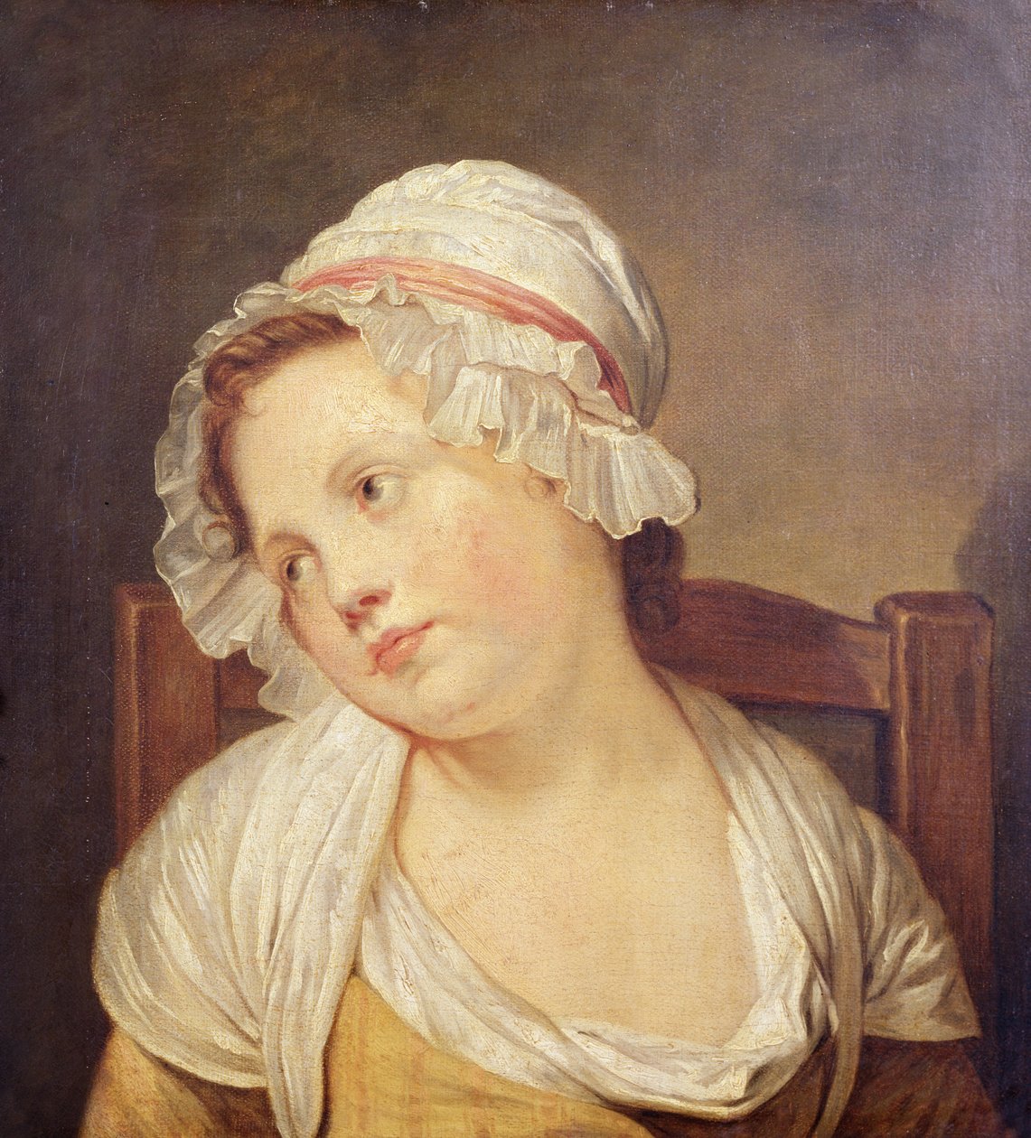 Giovane ragazza con un cappellino bianco da Jean Baptiste Greuze