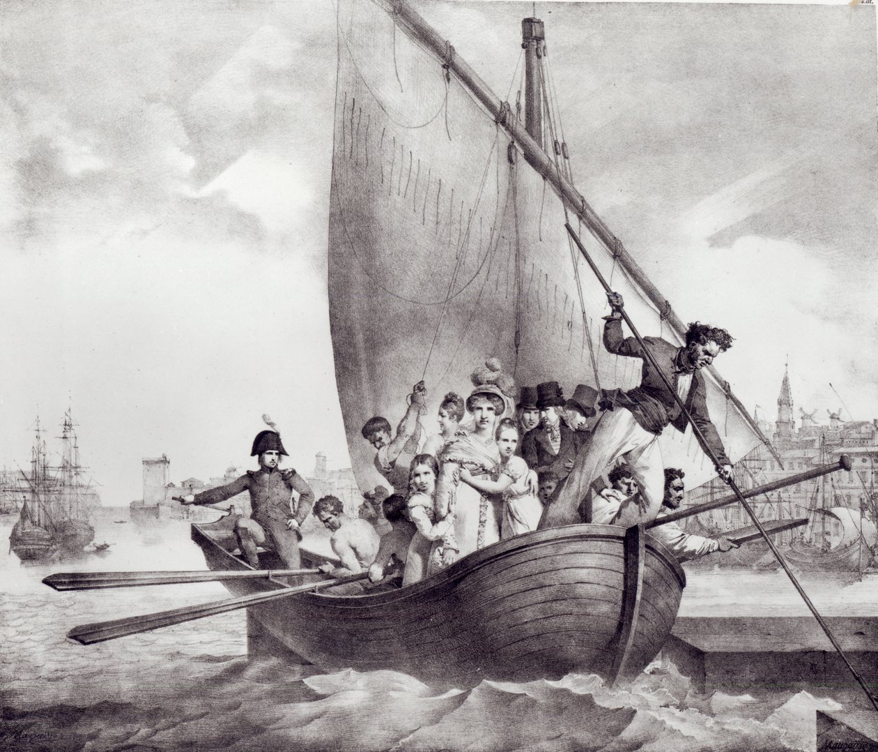 La famiglia Bonaparte arriva a Tolone (Francia), fuggendo dalla Corsica, 17 giugno 1793, inciso da Motte, Charles (1785-1836) da Jean Baptiste Mauzaisse