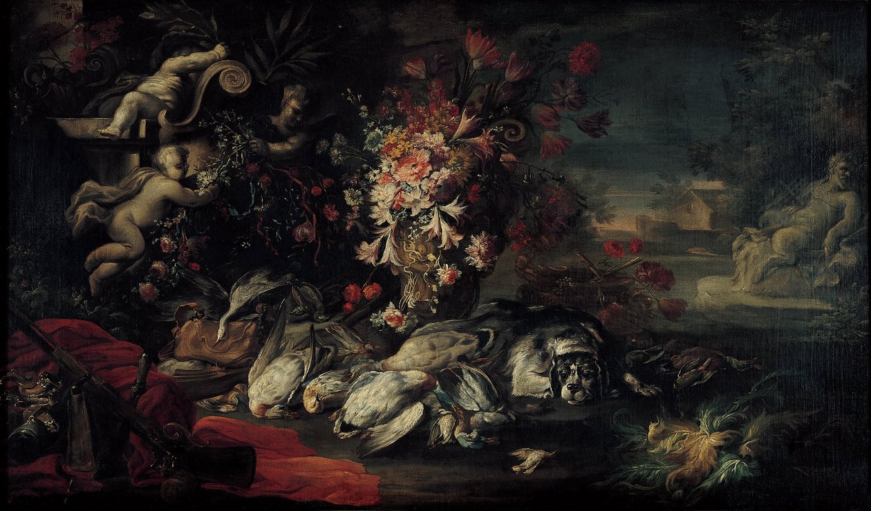 Natura morta con attrezzatura da caccia e fiori II da Jean Baptiste Oudry