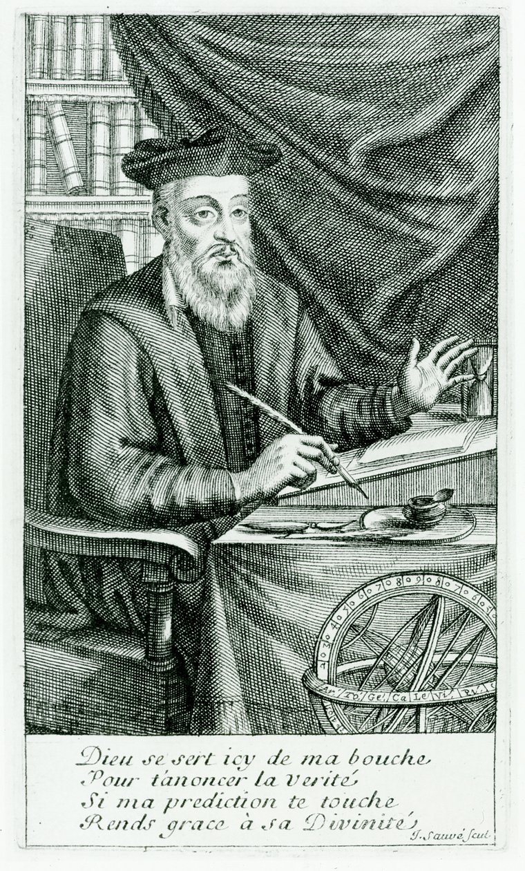 Michel de Nostredame (Nostradamus) (1503-66) che scrive le sue profezie da Jean Boulanger
