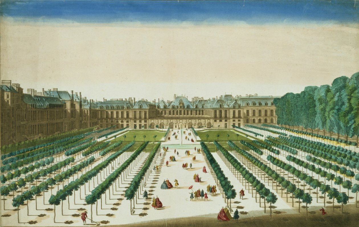 Vista e prospettiva del Palais Royal dal lato del giardino, inciso da Antoine Aveline da Jean Chaufourier