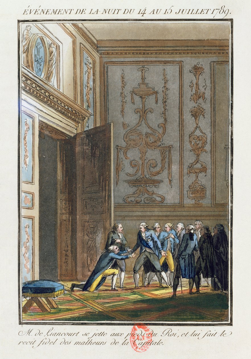 Monsieur de Liancourt (1747-1827) informa Luigi XVI (1754-93) a Versailles degli eventi a Parigi il 14 luglio 1789 da Jean Francois Janinet