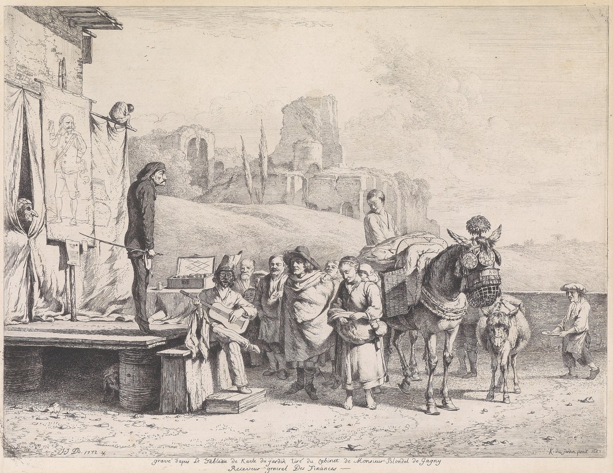 Carovana teatrale in un paesaggio italianizzante con rovine da Jean Jacques de Boissieu