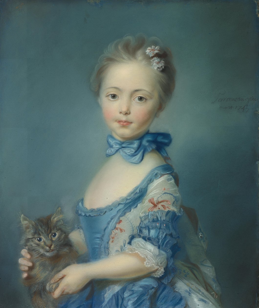 Una ragazza con un gattino, 1745 da Jean Baptiste Perronneau